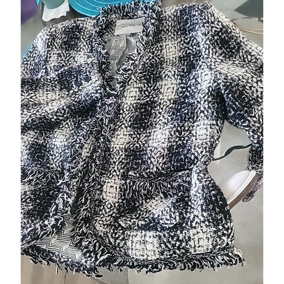 Carol Anderson by Invitation Blazer Jacket Sz 10 Black White Plaid Tweed Fringe - Picture 7 of 16